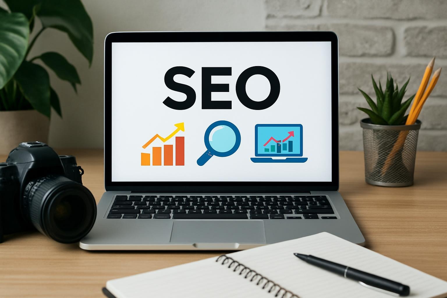 Hero image representing website SEO optimisation services by Leonie Mitchell, focusing on on-page improvements such as title optimisation, meta descriptions, keyword integration, and image alt tags to boost search performance.